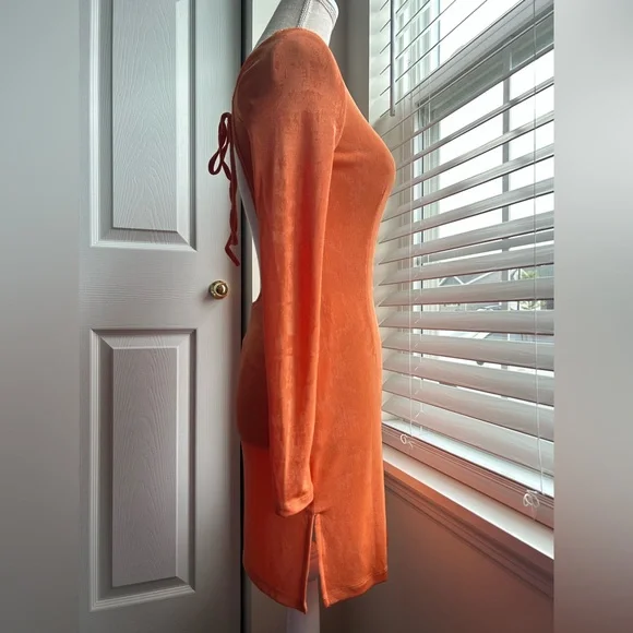 Lioness Montana Shimmer Orange Open Back Long Sleeve Mini Dress - Picture 7 of 9